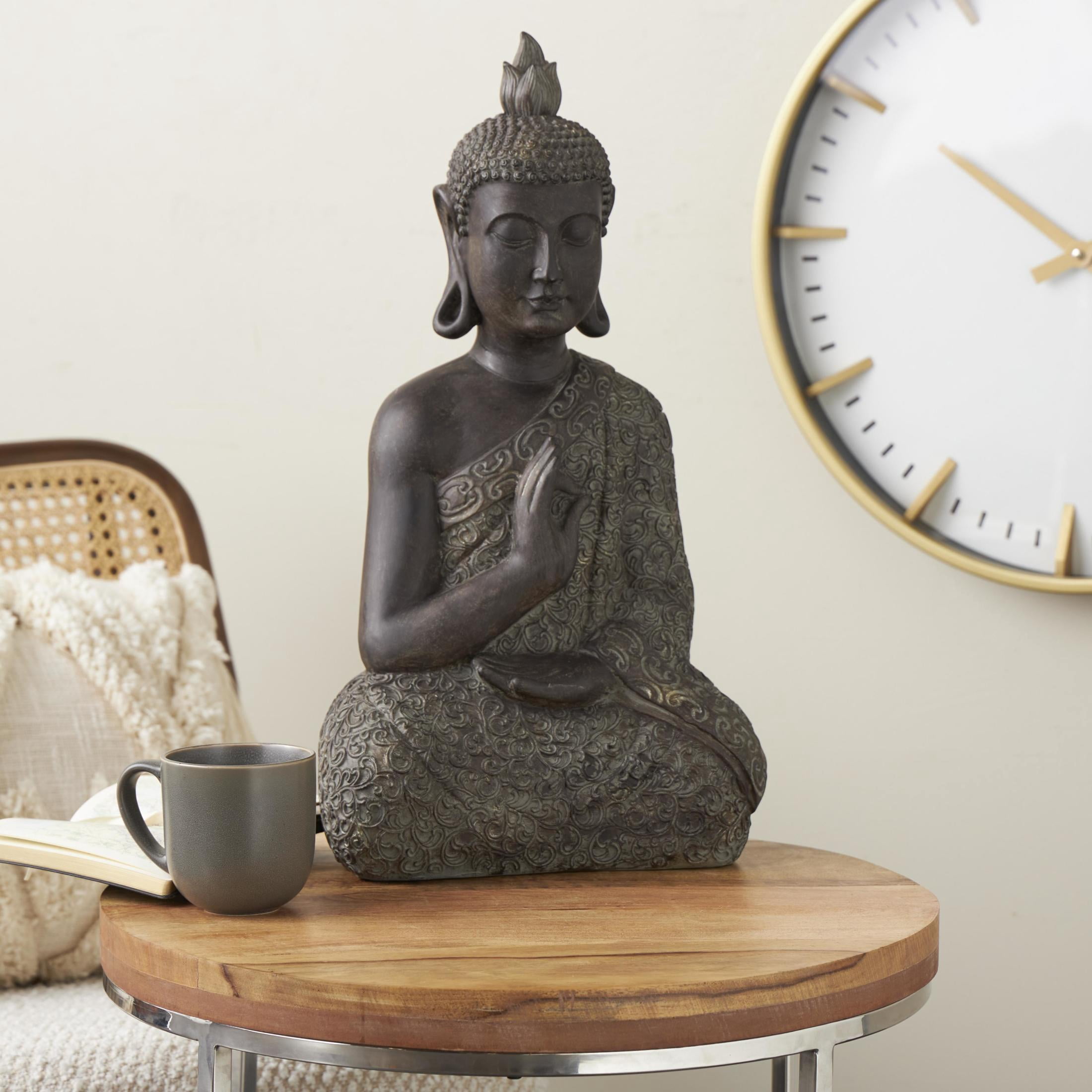 11" x 21" Brown Polystone Meditating Buddha Sculpture with Engraved Carvings and Relief Details, by DecMode