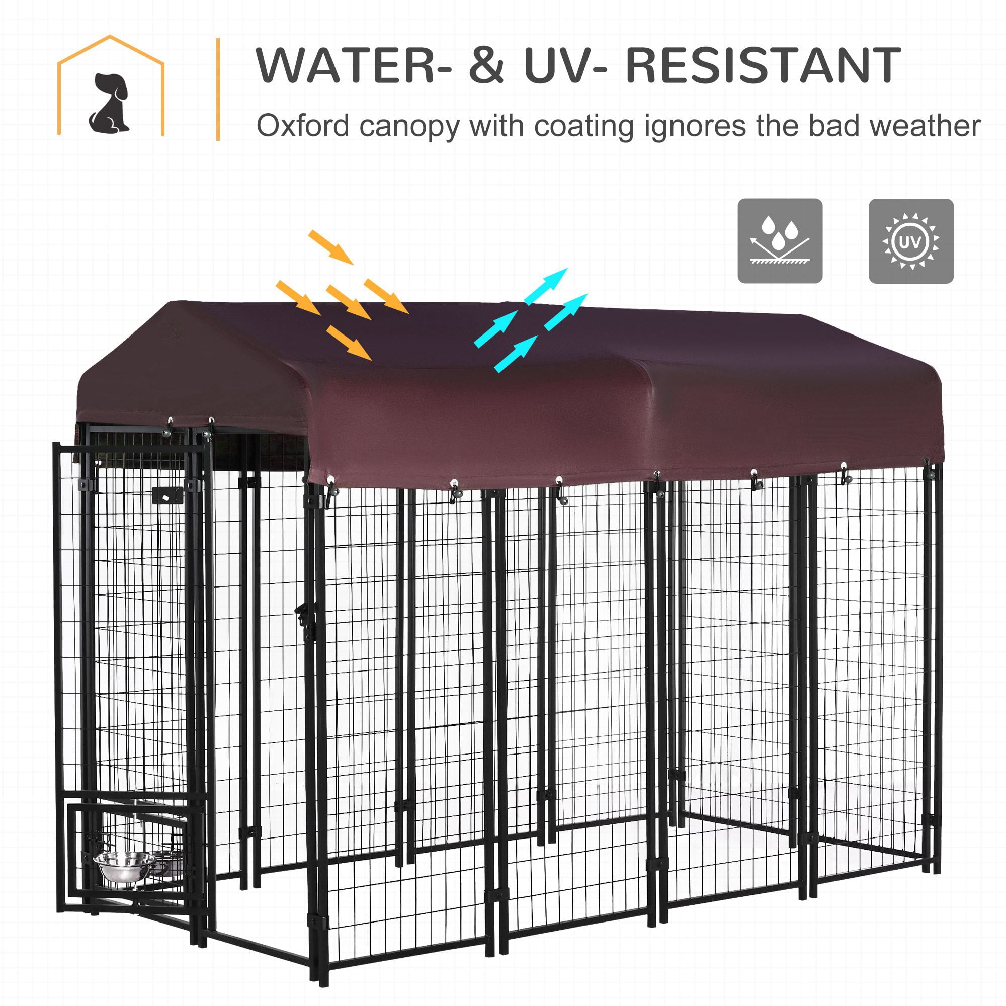 PawHut Outdoor Dog Kennel with Rotating Bowl Holders, Walk-in Pet Playpen, Red