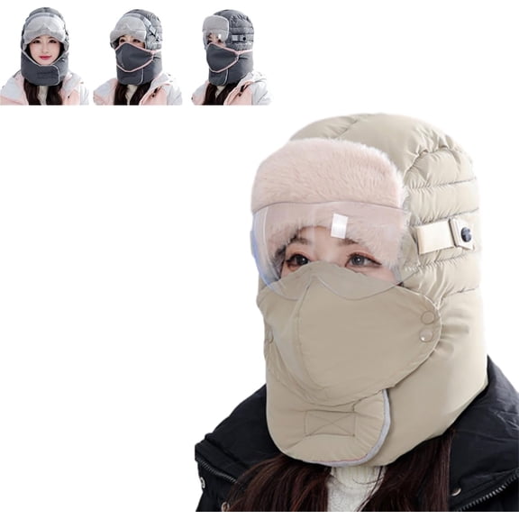 4 in 1 Hat with Mask Goggles, Waterproof Windproof Warmth Full Cover Balaclava with Winter Plush Lined Hood, Full Face Protection for Skiing and Cycling in Cold Weather