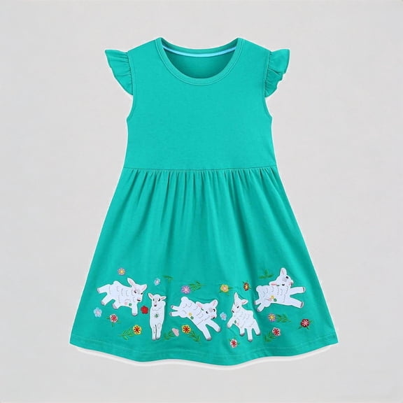 REDARER Girls Turquoise Lamb Dress, Ruffle Sleeve Cotton A-Line Dress for Easter & Casual Play,8-9 Years