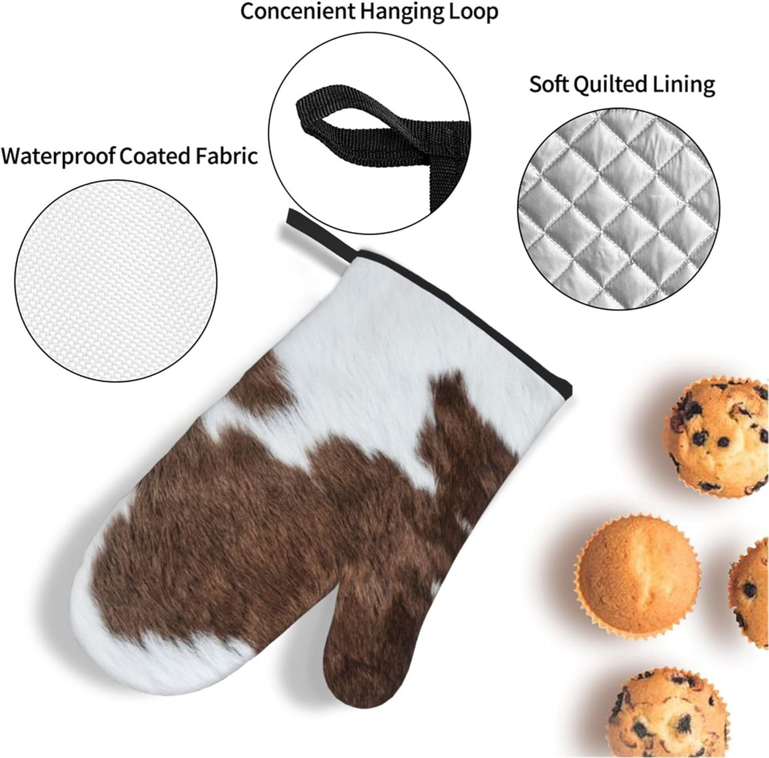 Brown Cowhide Oven Mitts and Pot Holders Set of 4 Cow Skin Pattern Mittens Potholders Heat Resistant Vintage Cow Bull Fur Animal Glove Pot Holder for BBQ Cooking Baking Grilling Kitchen Accessories