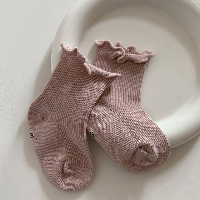 Simple Solid Color Baby Socks Soft Cotton Toddler Kids Ruffle Socks Baby Girl Warm Floor Short Sock pink 0-1 years old