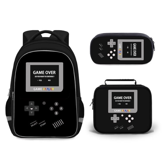 Nintendo gaming backpack set, school backpack for boys. Includes an insulated lunch bag and a pencil case, padded adjustable shoulder straps, 2 water bottle pockets, and is made of nylon.