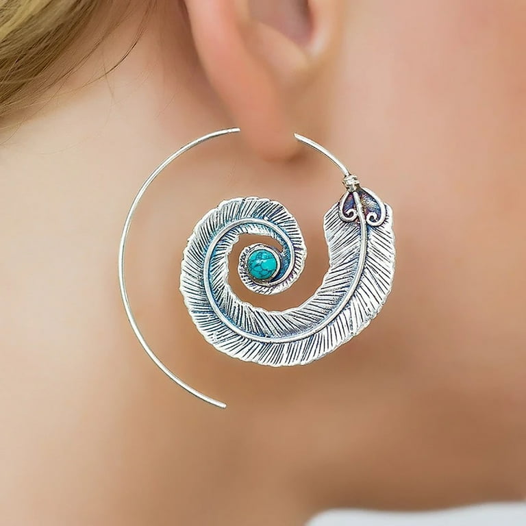 Heiheiup Fashion Women Boho Spiral Feather Earrings Temperament