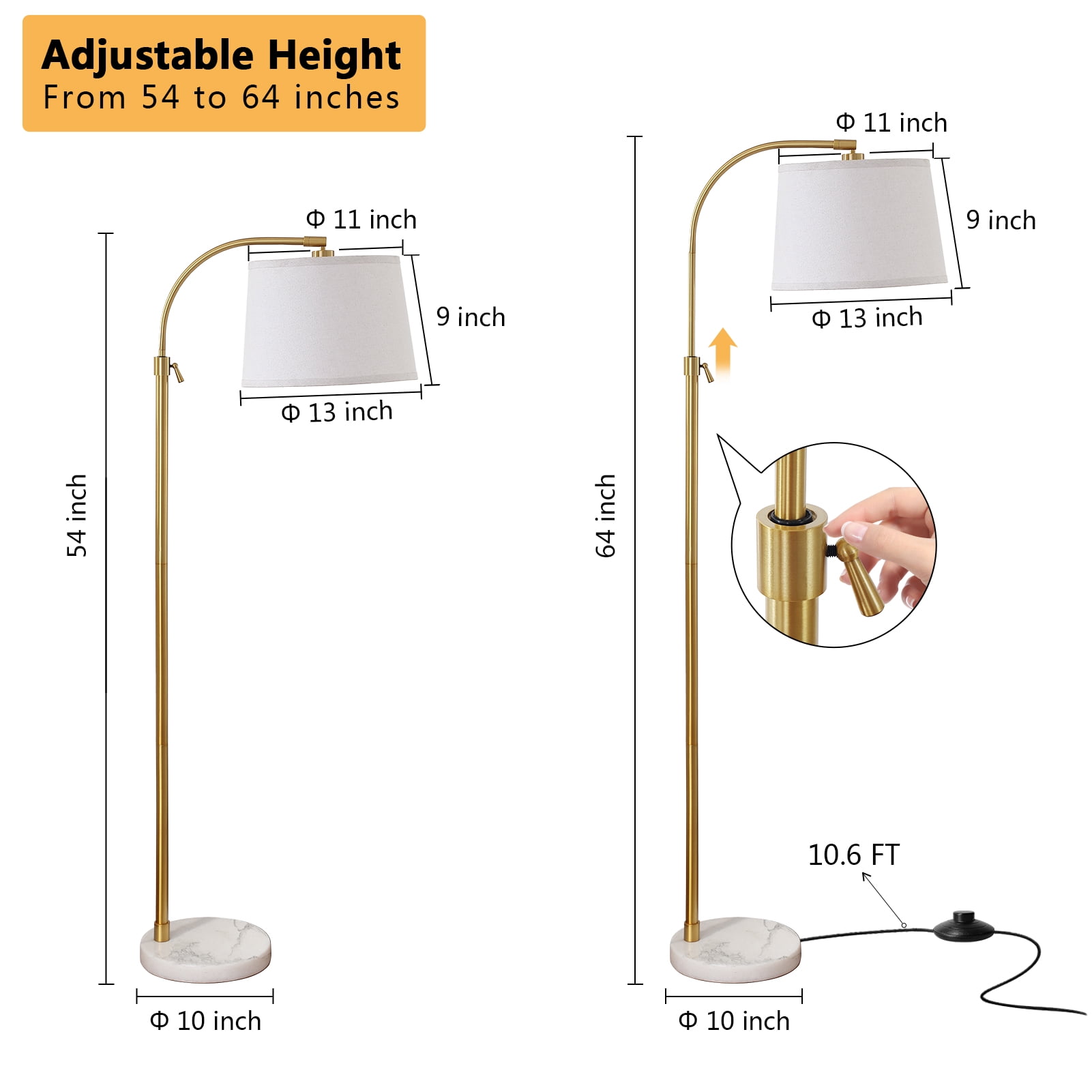RORIA Modern Gold Floor Lamps,54-64”Height Adjustable Curved Standing Lamp,With a Linen Shade, Perfect for Bedrooms, Living Rooms, and Offices