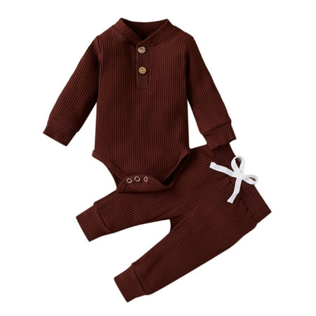 

Haite Toddler Buttons Solid Color Tops + Shorts Loose Drawstring Outfits Photograph Long Sleeve Crew Neck 2Pcs Outfit Suit