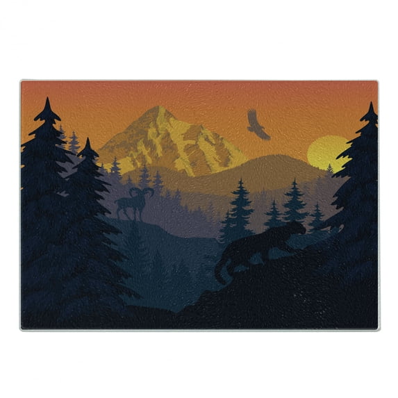 Peak Lion Cutting Board, Wild Nature Landscape Graphic of Animals Trees and Mountains, Decorative Tempered Glass Cutting and Serving Board, in 3 Sizes, by Ambesonne