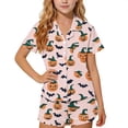 thumbnail image 4 of JOANKDMI 2 Piece Girls Halloween Pajama Shorts Set Short Sleeve Button Up Sleep Shirt with Witch Hat Pumpkin Bat Print Soft Comfortable Tagless Nightwear for Cozy Sleep Playtime, 5Y-14Y, 4 of 7