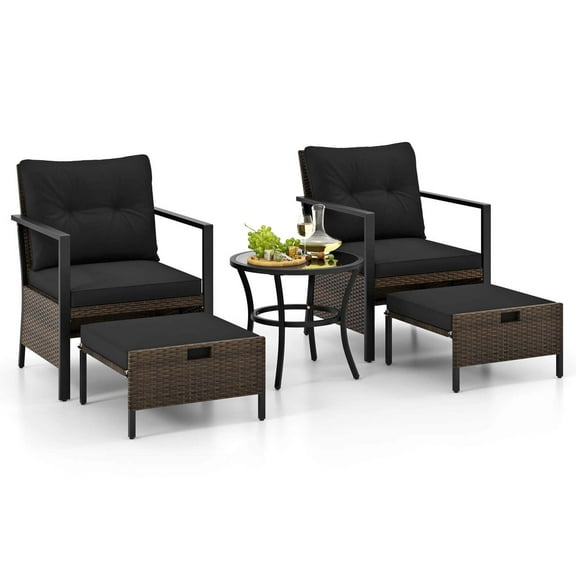 Gymax Set of 5 Furniture Set Rattan Chairs & Ottomans w/ Glass Topped Coffee Table Patio Black