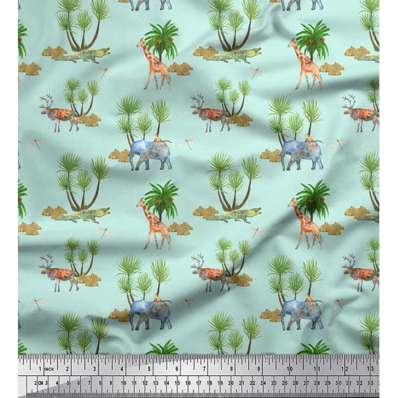 Soimoi Green Poly Georgette Fabric Animals & Palm Tree Printed Fabric 1 Yard 42 Inch Wide