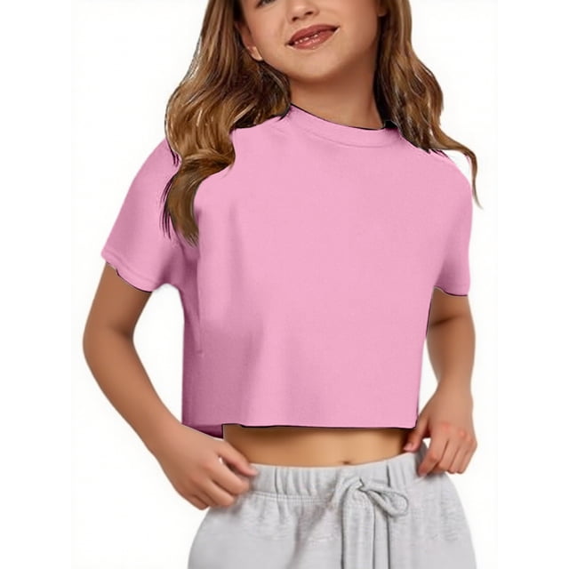 Rhuody Girl Spring Tops Round Neck Crop Tops Solid Color Tees Short Sleeve Shirts Simple Clothing Pink 5-6 Years
