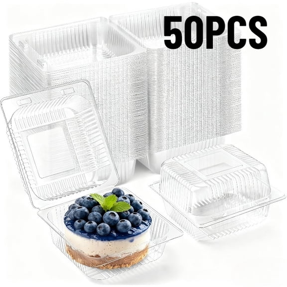 50PCS Transparent Plastic Cake Boxes Disposable Food Containers with Clear Lid Dessert Bread Fruit Salad Boxes for Birthday Wedding Party Restaurant Household Use