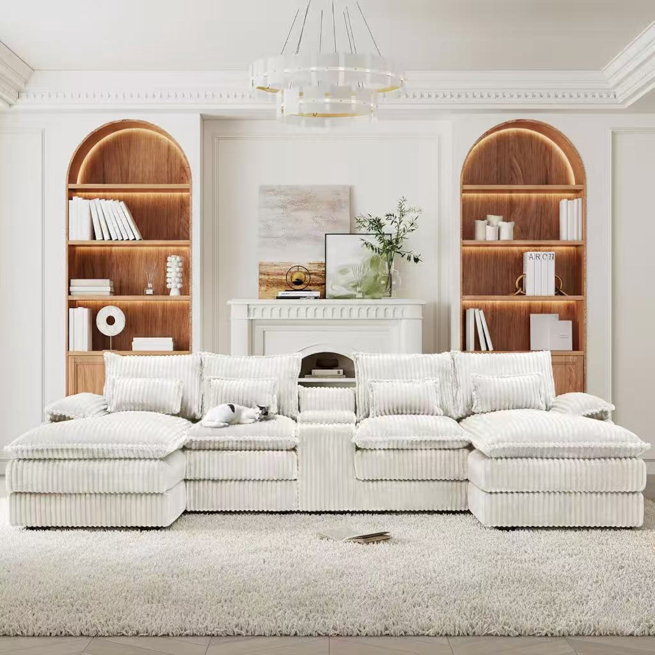 Aisword 124" U Shaped Cloud Couch Sectional with USB Charging, Hidden Storage, Cup Holders & Chenille Double Chaise, White