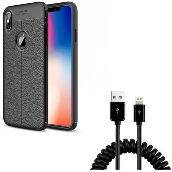 PU Leather Case w Coiled USB Cable for iPhone XS Max - Slim Fit Cover Reinforced Bumper Shock Absorbent Black and Charger Cord Power Sync Wire