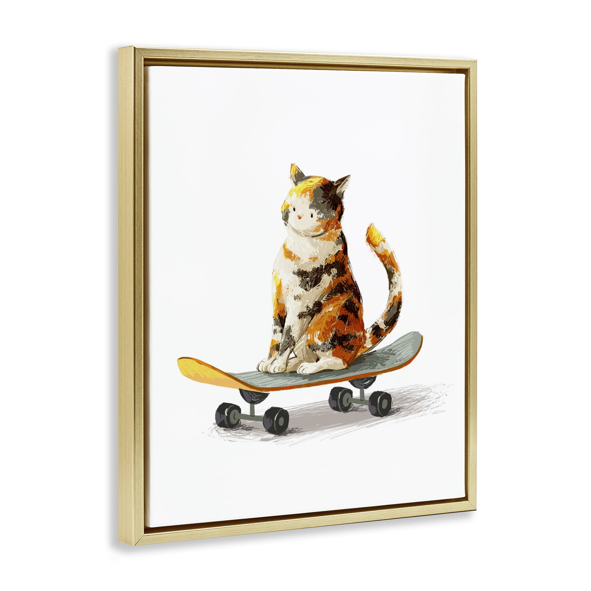 Stupell Industries Calico Cat on a Skateboard Gold Framed Floater Canvas Wall Art, design by Ziwei Li