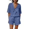 thumbnail image 2 of Costeam Womens Two Piece Outfit Tie Knot V Neck Short Sleeve Top and Elastic Drawstring Waist Shorts Set Linen Blend Matching Set with Pockets, 2 of 9