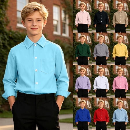 KKBOTIVE Boys Long Sleeve Dress Shirts Button Down Uniform Shirts Solid Collared for Toddler Boy Z03 Pink 9-10 Years