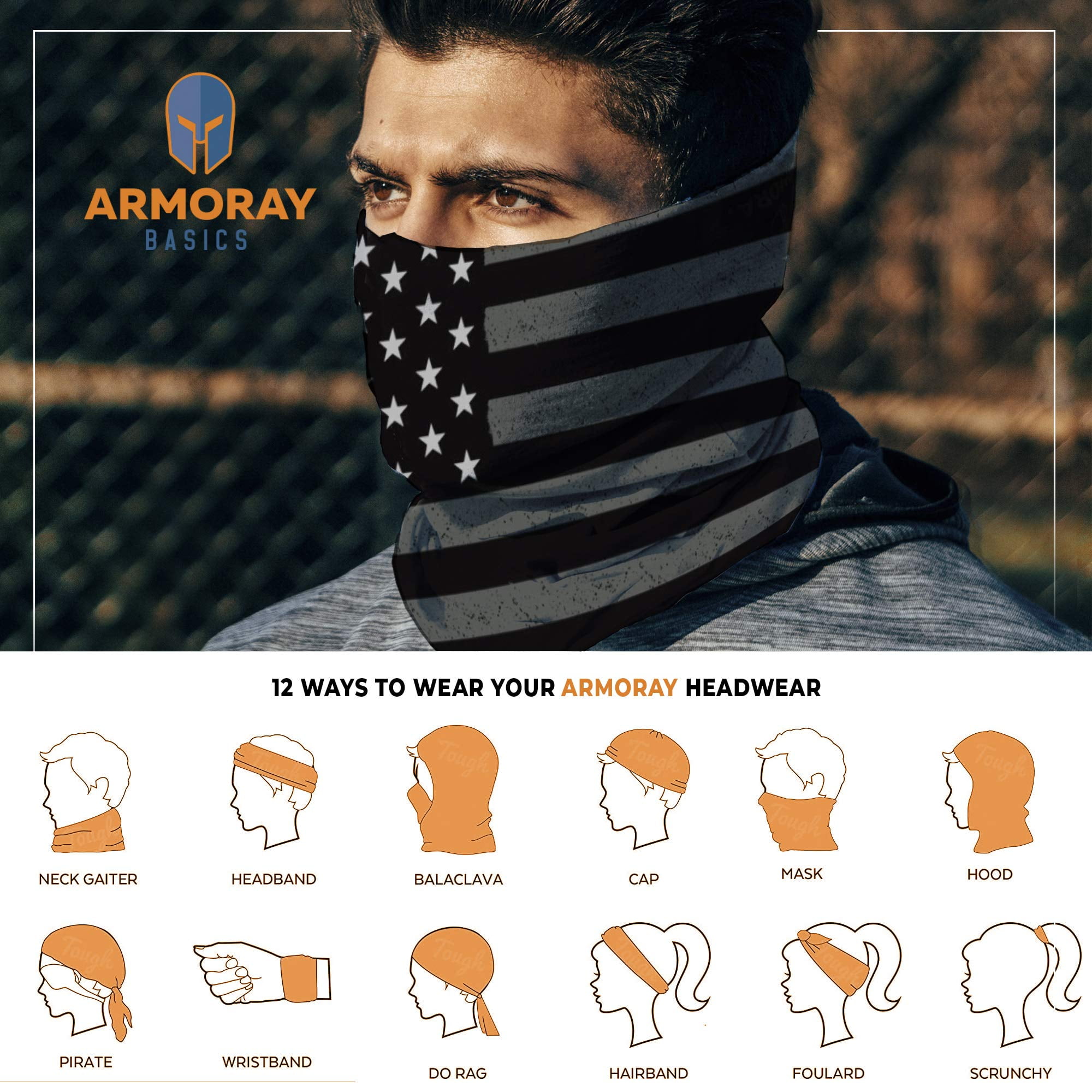 ARMORAY Neck Gaiter Face Mask - 4 Pack Reusable & Washable Cloth Face  Cover, Bandana, Shield & Scarf for UV, Sun & Dust Protection - Outdoor Head  Wrap for Fishing, Motorcycle Riding (BW USA 4 Pack) 