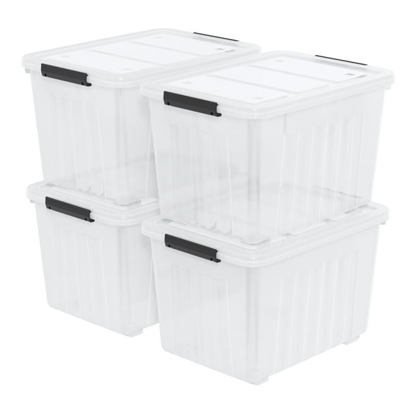 Vareone 70 L Large Plastic Storage Box with Wheel, Clear Storage Latch Box with Lid, 4 Pack