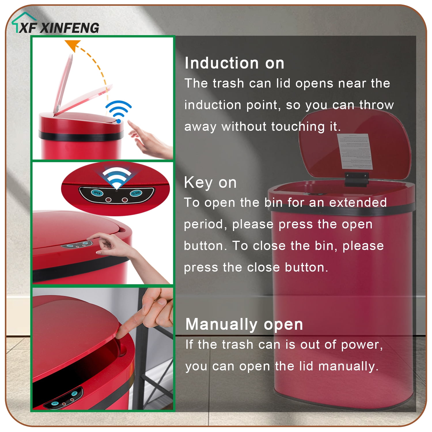 XF XINFENG 13 Gallon Kitchen Trash Can with Lid Stainless Steel Automatic Garbage Can for Bathroom Bedroom Home Office,Red