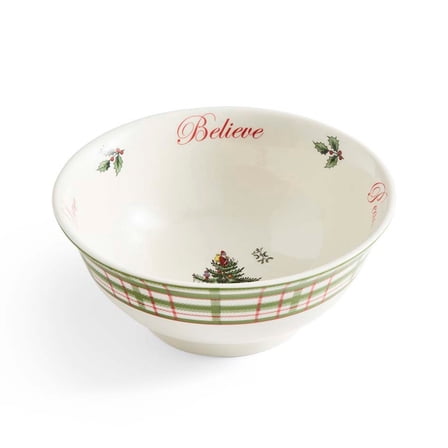 Spode Christmas Tree 2025 Annual 6-Inch Revere Bowl - Green Tartan Plaid Border, Festive Candy Dish or Snack Bowl with Peace, Joy, Love & Believe Sentiments Inside - Dishwasher & Microwave Safe