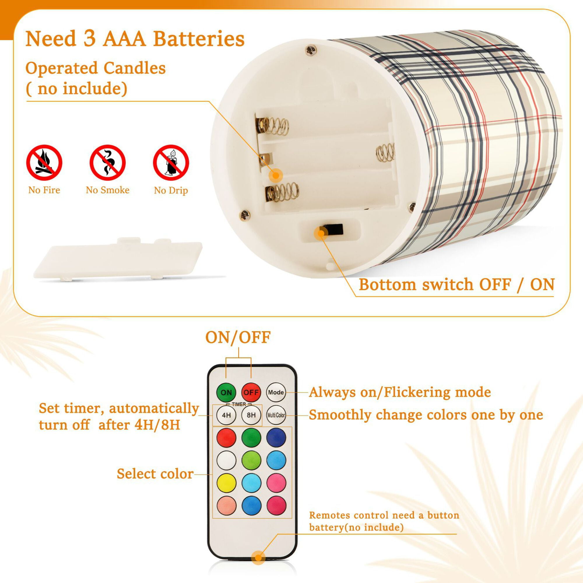 Yayeee Flameless Candles with Remote Flickering Battery Operated Multi Color Changing, Beige Plaid Pattern