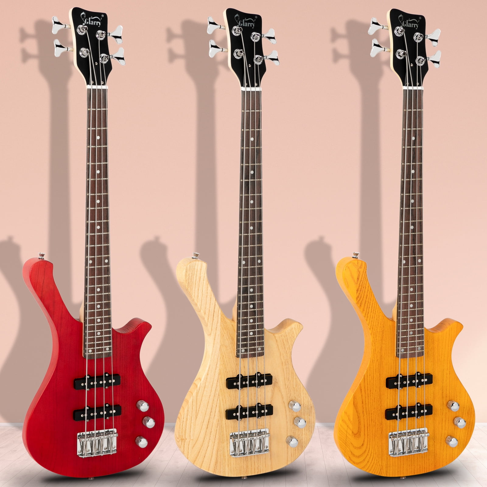 4 Strings GW101 Electric Bass Guitar Kit with Carry Bag, Strap, Plectrum, Wrench Tool, 36in Small Scale Mahogany Body Bass Guitar with Split Single-coil Pickup (Yellow)