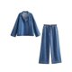 thumbnail image 4 of HH TRAF Conjunto de 2 piezas para mujer, abrigo elegante de manga larga con solapa y bolsillo, top de mezclilla con cordones, cintura elástica, pantalones holgados de pierna ancha sólidos para mujer, 4 of 4
