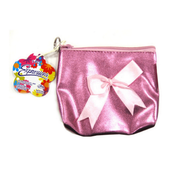 Metallic Key Ring Coin Purse, Shimmering Finish with Satin Bow, Compact, Lightweight, Stylish Mini Pouch for Coins, Cash, Small Essentials with Keychain Clip for Bags, Keys, Cute Gift Idea, Pink