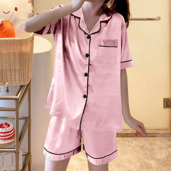 Blmnix Sleepwear Sets Sleepwear for Women Plus Size Pajamas Satin Pajama Pajama Pants Collared Pink Short Sleeve Cropped Womens Summer Pajamas Sets,L