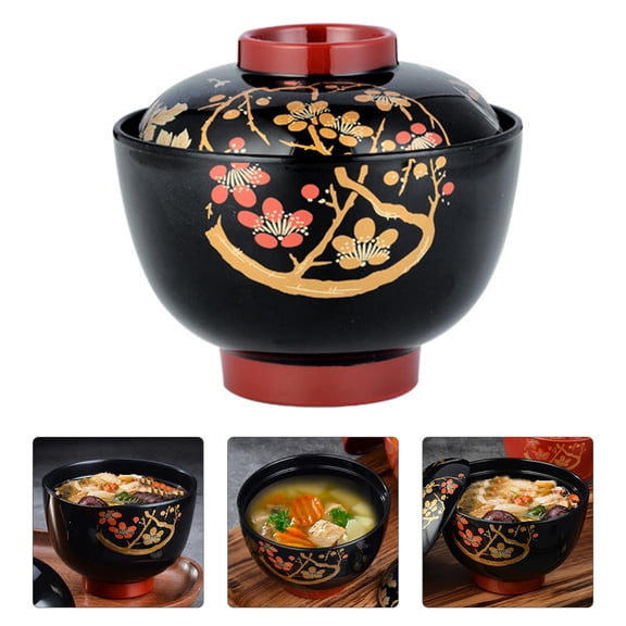 COMPUKAS Black Japanese Style Miso Soup Bowl with Lid, 4.5 Inch Multifunctional Ceramic Bowl for Home and Kitchen Use