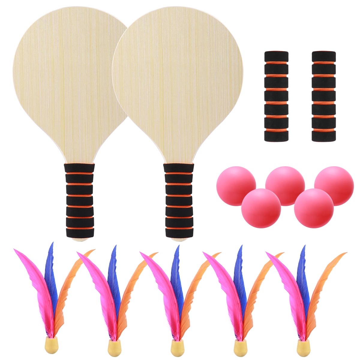 Overmont Game Set Beach Paddle Set with Wooden Racket Beachball Badminton Racquet Cricket Ball shuttlecock game and Family Training Kids Childrens Office Outdoor Sports 