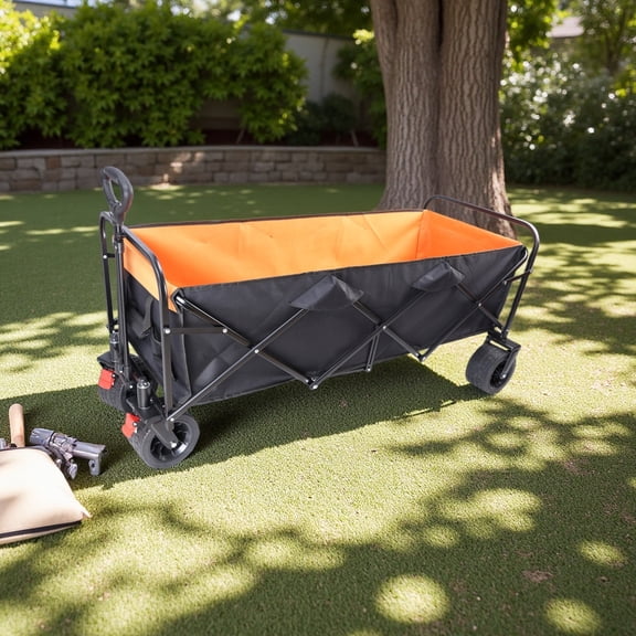 Extra Large Capacity Folding Wagon Cart - 150LBS Load, Locking Wheels & Adjustable Handle for Garden, Shopping, Beach (Black)
