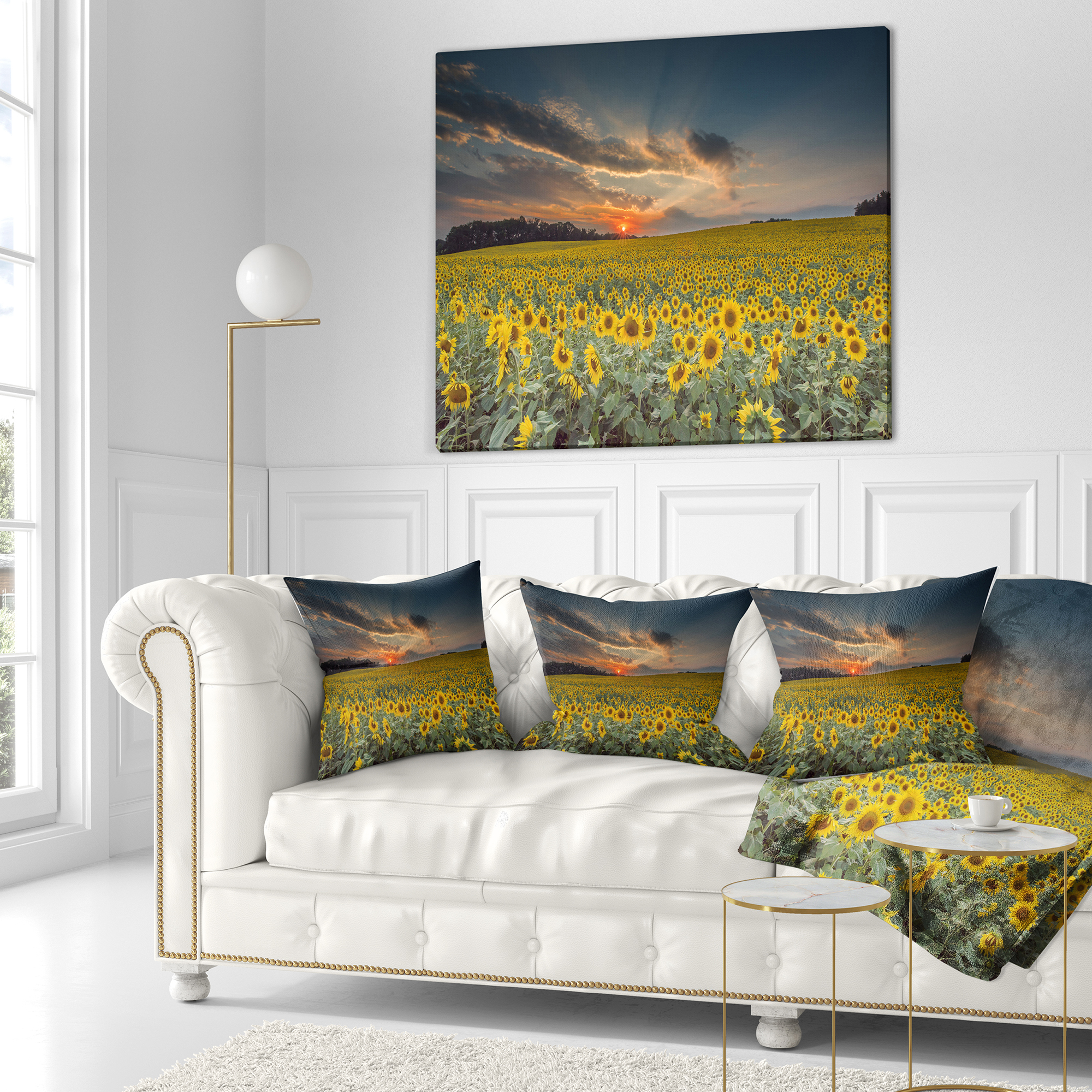 Designart Sunflower Sunset with Cloudy Sky - Landscape Printed Throw Pillow - 18x18