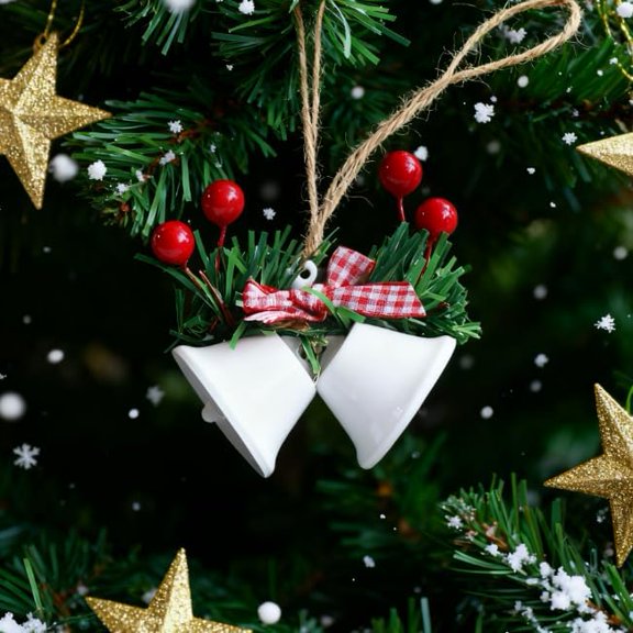 YUSAZENS White Christmas Bell Hanging Ornament with Red Berries Pine Greenery Jute Bow, Rustic Farmhouse Xmas Decor for Front Door Wall Mantel Entryway Holiday Home