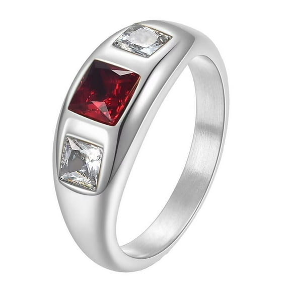 PAMTIER Unisex Stainless Steel Simple Unique Square Cut Red Rhinestone 3 Crystal Inlay Ring Eternity Wedding Band Silver Size 9