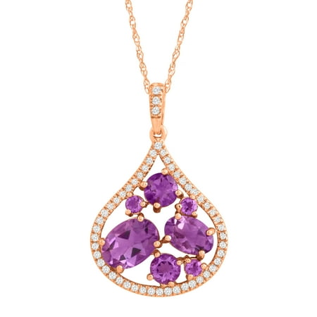 1 3/4 ct Natural Amethyst & 1/6 ct Diamond Teardrop Pendant Necklace in 14kt Rose Gold