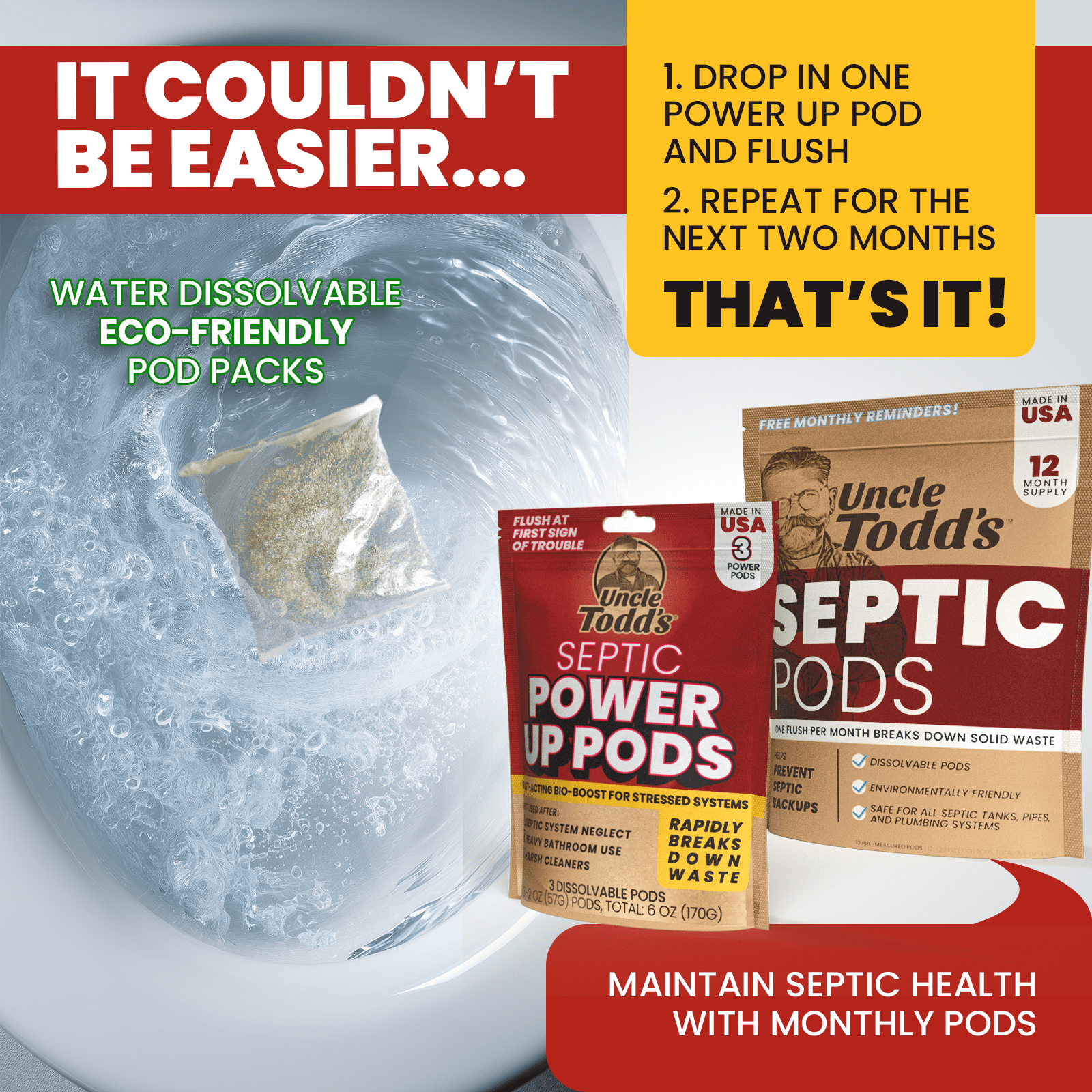 Uncle Todd’s Septic Power Up Pods – Septic Tank Booster Treatment, 3-Month Supply (One 2oz Pod/Month) – Rebalances Struggling Systems, Speeds Waste Breakdown, Enzyme Formula