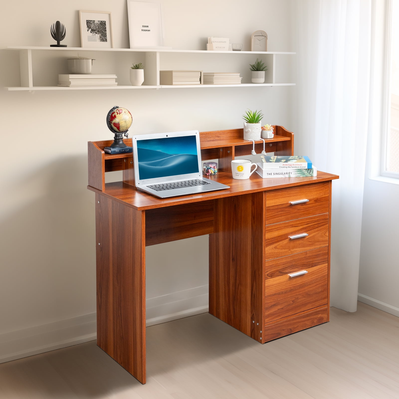 Ktaxon Wood Computer Desk Office Laptop PC Work Table, Writing Desk with 3 Drawers File Cabinet for Letter Size,Wulnut