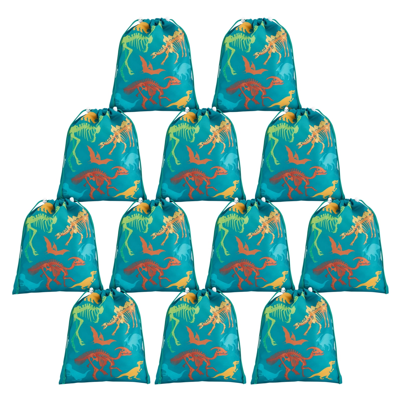 12 Pack Drawstring Dinosaur Goodie Bags for Kids Birthday Party, 12x10 in