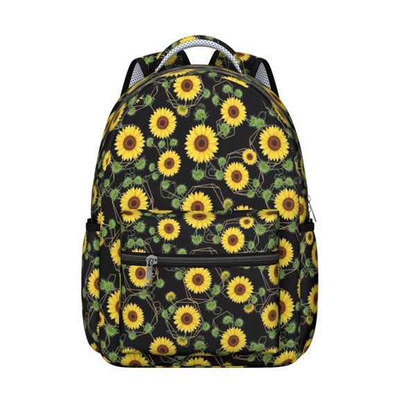 Sunflower and Geometric Black Pattern Backpack for School, Cute School Bag with Adjustable Shoulder Straps and Padded Back, 15.3"x11"x7.1"