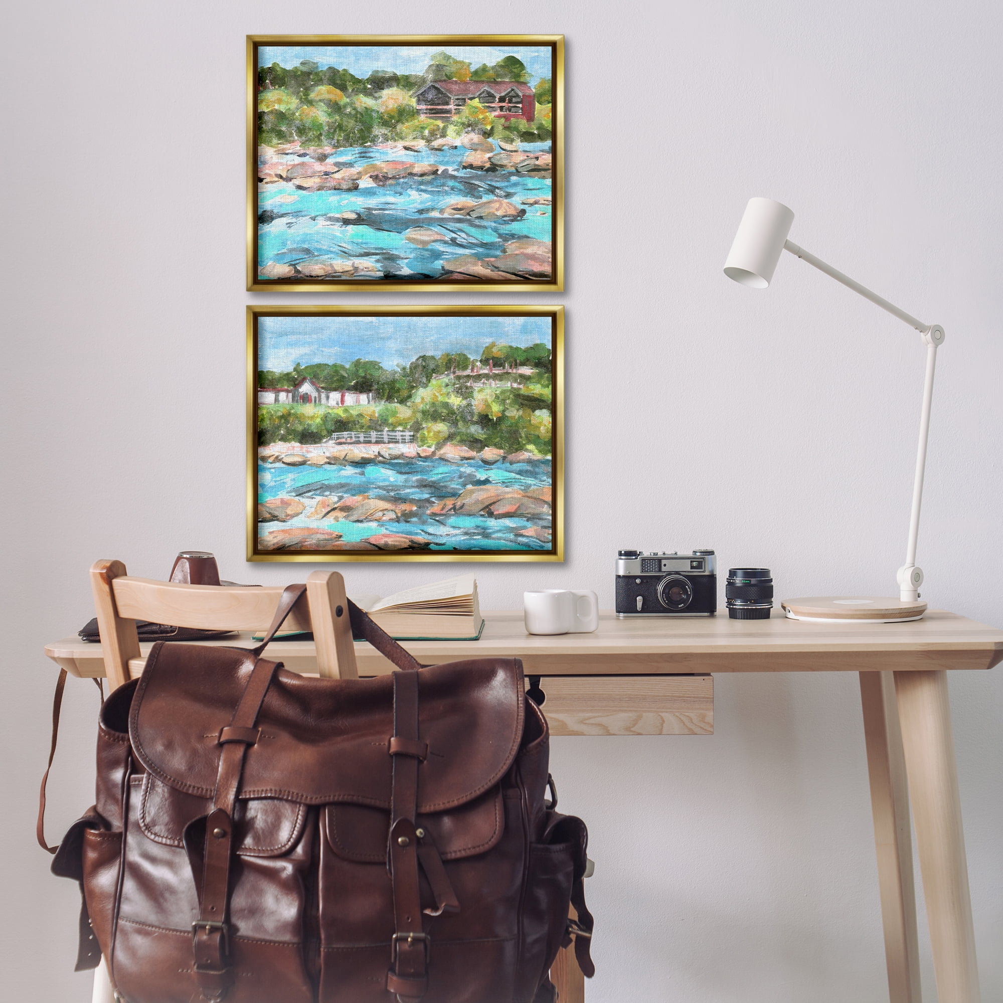 Stupell Industries Flowing River Rocks Nautical & Beach Painting Gold Floater Framed Canvas Art Print Wall Art, 21 x 17, Set of 2