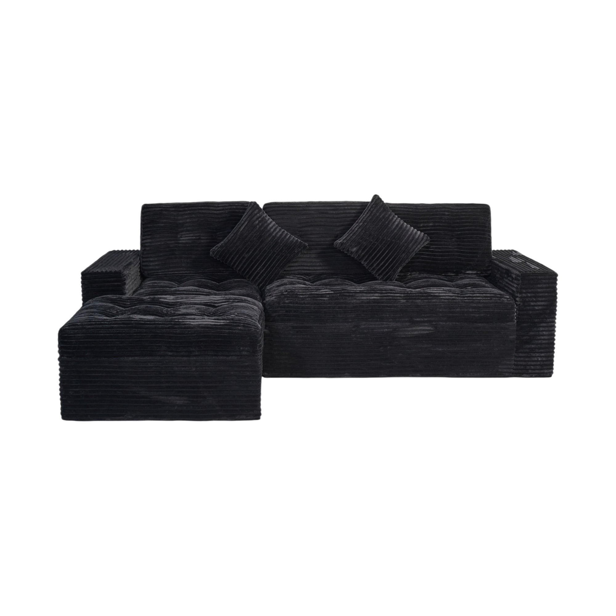 Compressed Pure Foam Boneless Sofa Set with Ottoman, Upholstered Faux Fur Tufted Couch, 3-Seater Floor Sectional Sofa