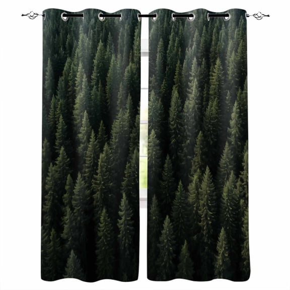 Dark Green Forest Blackout Curtains 90 Inches Long for Bedroom, Pine Trees Modern Mysterious Art Thermal Insulated Room Darkening Black Out Window Curtain Panels Grommet Drapes for Living Room