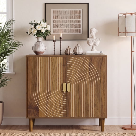 Semiocthome Sideboard Buffet Cabinet with 1 Shelf and Line Groove Design, Kitchen, Walnut