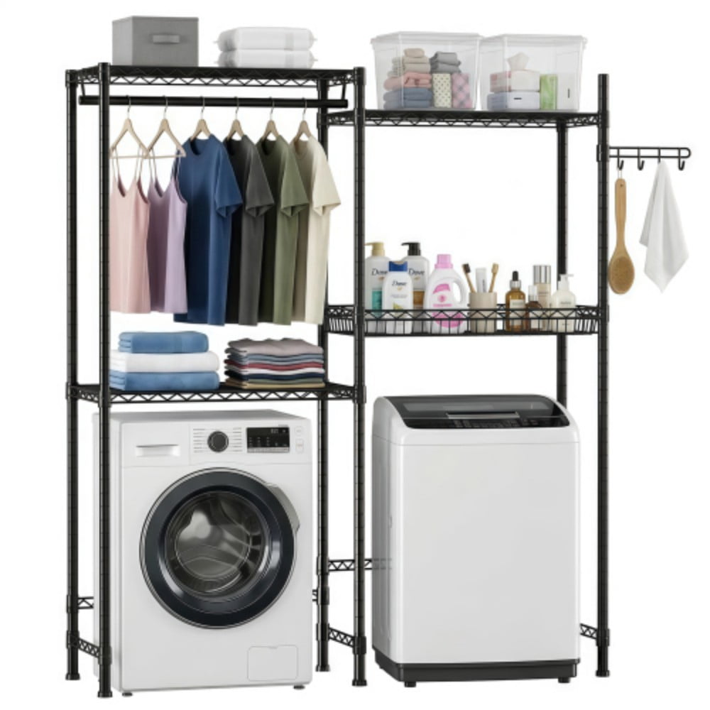 Over Washer and Dryer Storage Rack, 4-Tier Laundry Room Organizer with 3 Wire Shelves, Hanging Rod, Metal Basket & Rotating Hooks, Adjustable Heavy Duty Shelving, Black