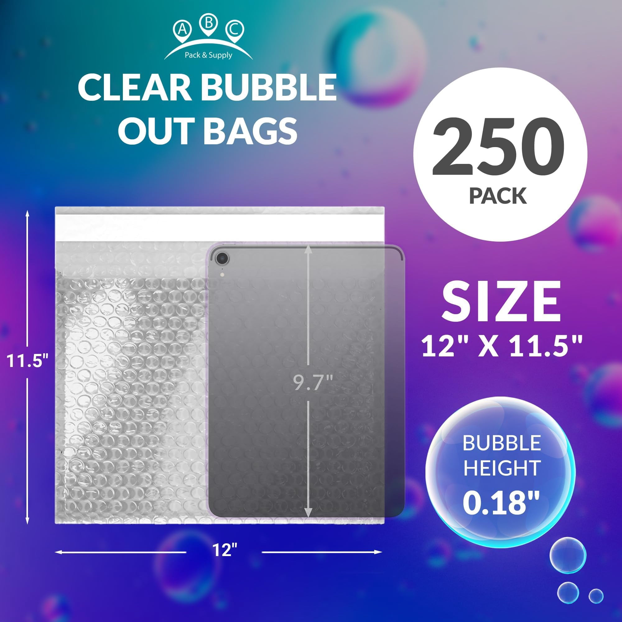 Abc Pack & Supply Self Seal 12" x 11.5" Bubble Wrap Bags Pack, Clear, 100 Count