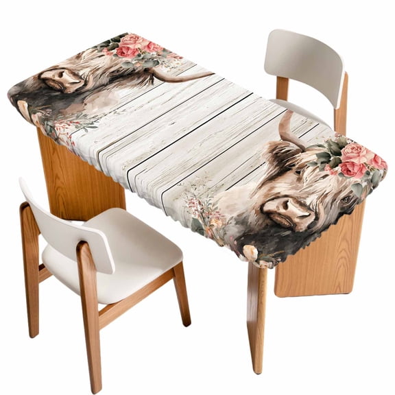 Spring Cow Floral Table Cloths for 5 Foot Rectangle Tables, Grey Wooden Farmhouse Patio Waterproof Elastic Fitted Tablecloths, Washable Rectangular Table Cover for Camping
