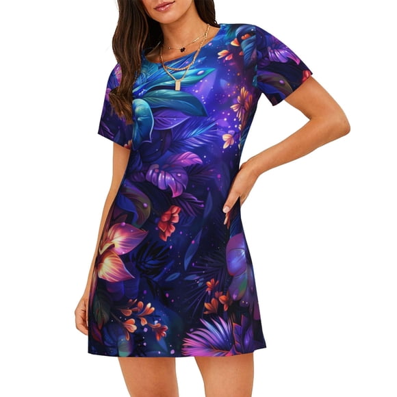 Bixox Magic Colorful Forest Leaves Pattern Women's Nightgown, Soft & Breathable Sleepwear, Round Neck Knee-Length Pajama Dress,Loungewear for Home & Sleep