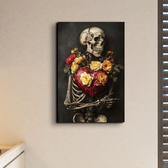 Velto Skeleton Valentine Canvas Art Gothic Illustration Dark Academia Romantic Seasonal Spooky Inspired Wall Decor, SIZE 8x10 INCLUDE Pine Wood Frame 1.25-Inch